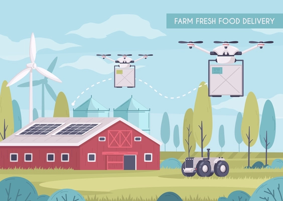 Smart farming cartoon composition with images of flying drones carrying parcels with food out of barn vector illustration