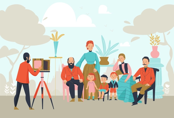 Vintage photographer background with camera and posing family couple vector illustration