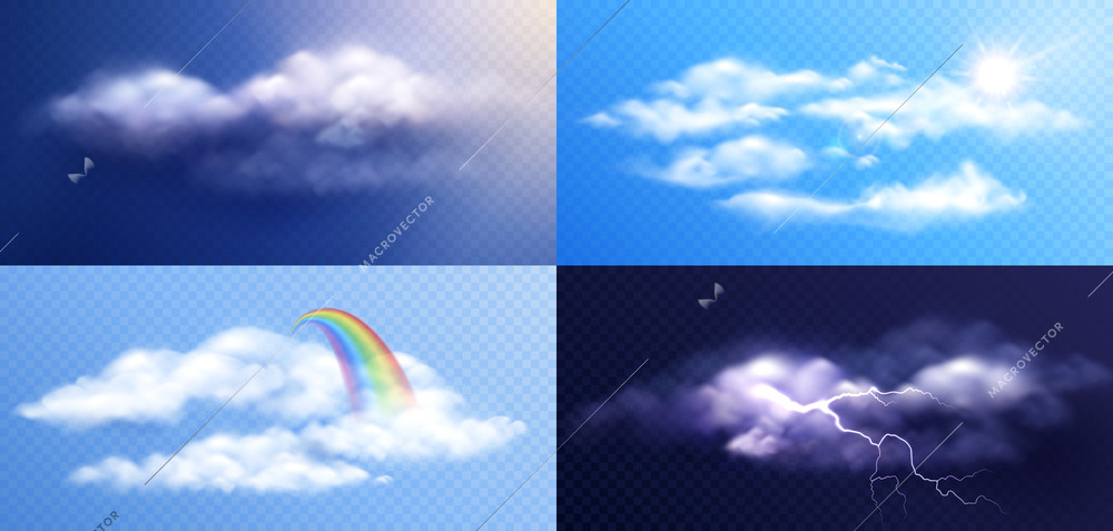 Clouds weather realistic set of four compositions with views of sky with clouds on transparent backgrounds vector illustration