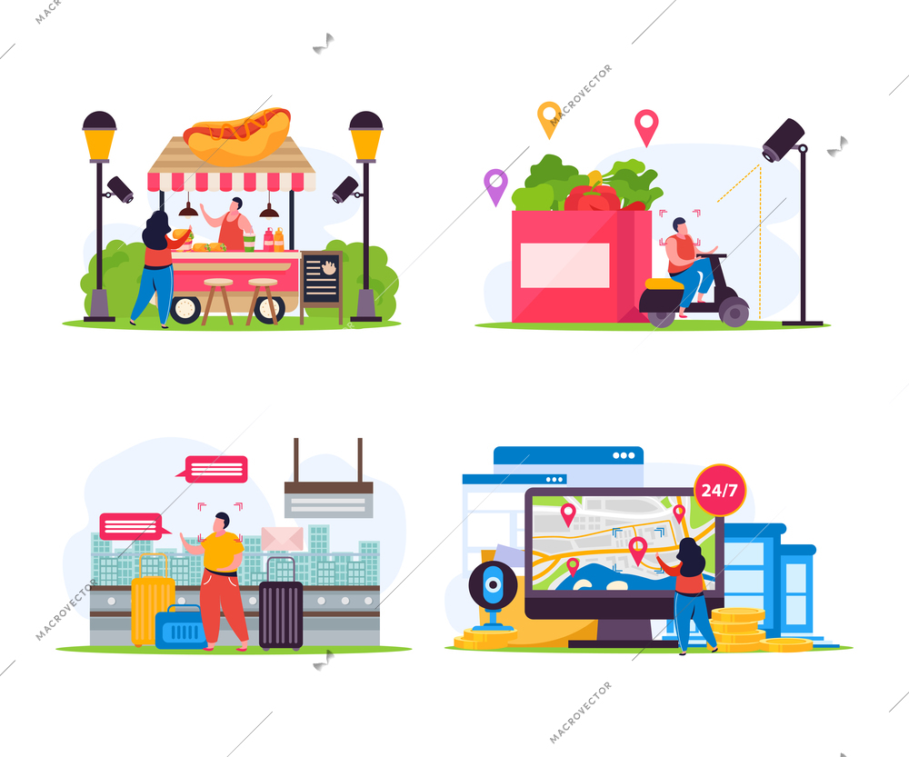 Set of four isolated city video monitoring flat compositions with various urban locations equipped with cameras vector illustration