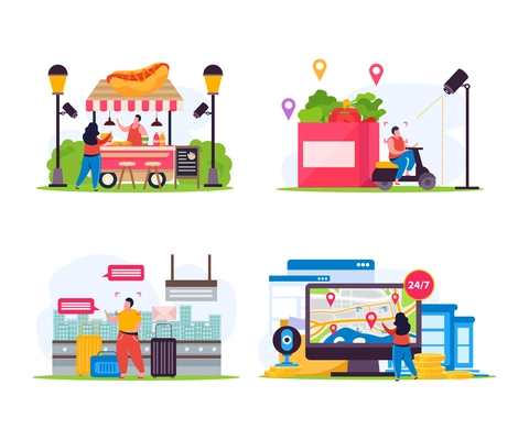 Set of four isolated city video monitoring flat compositions with various urban locations equipped with cameras vector illustration