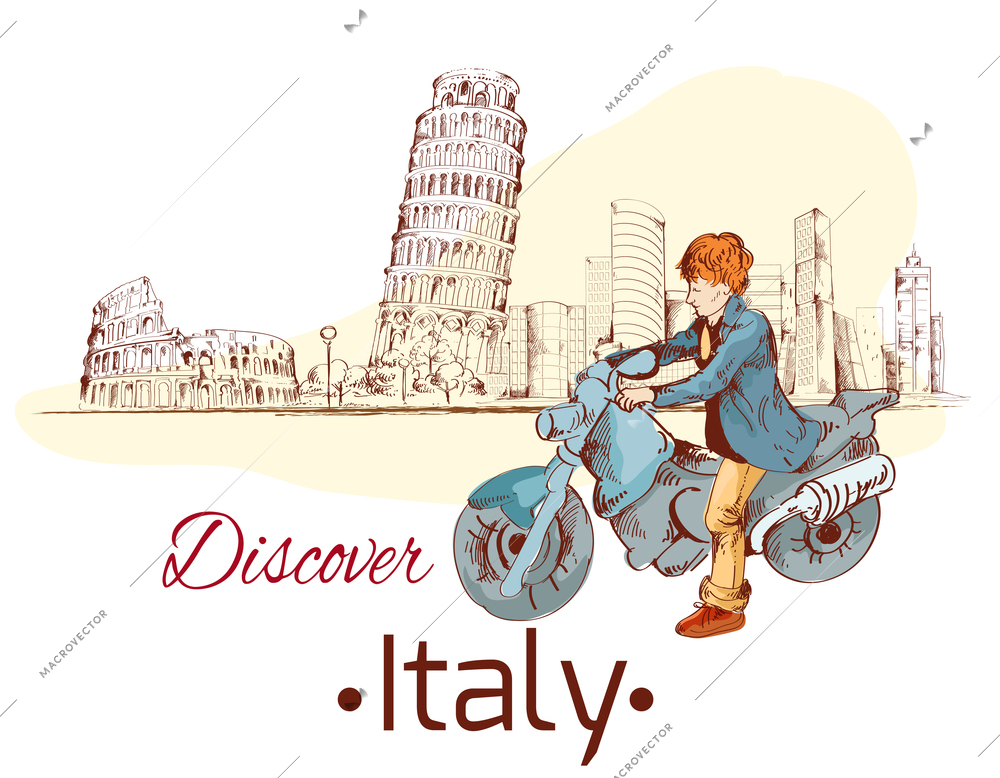 Discover Italy sketch poster with travel landmarks and person on motorcycle vector illustration