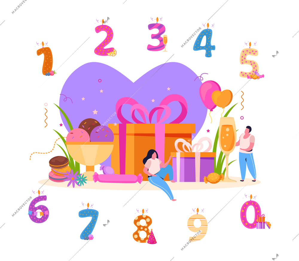 Birthday flat composition with images of sweets and gifts surrounded by digit shaped candles for cake vector illustration