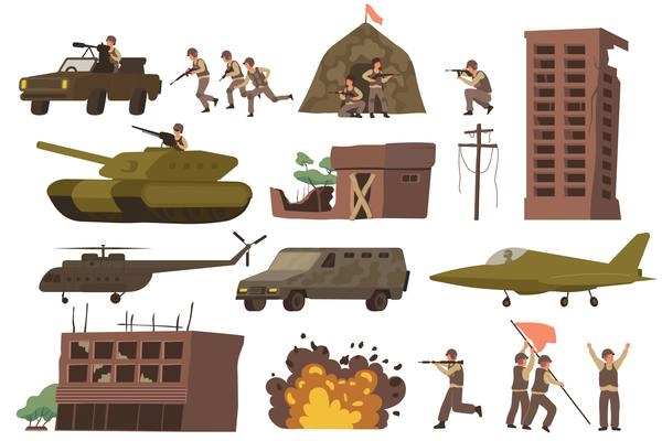 War flat icon set with destroyed buildings military tanks explosions helicopters and military aircraft vector illustration