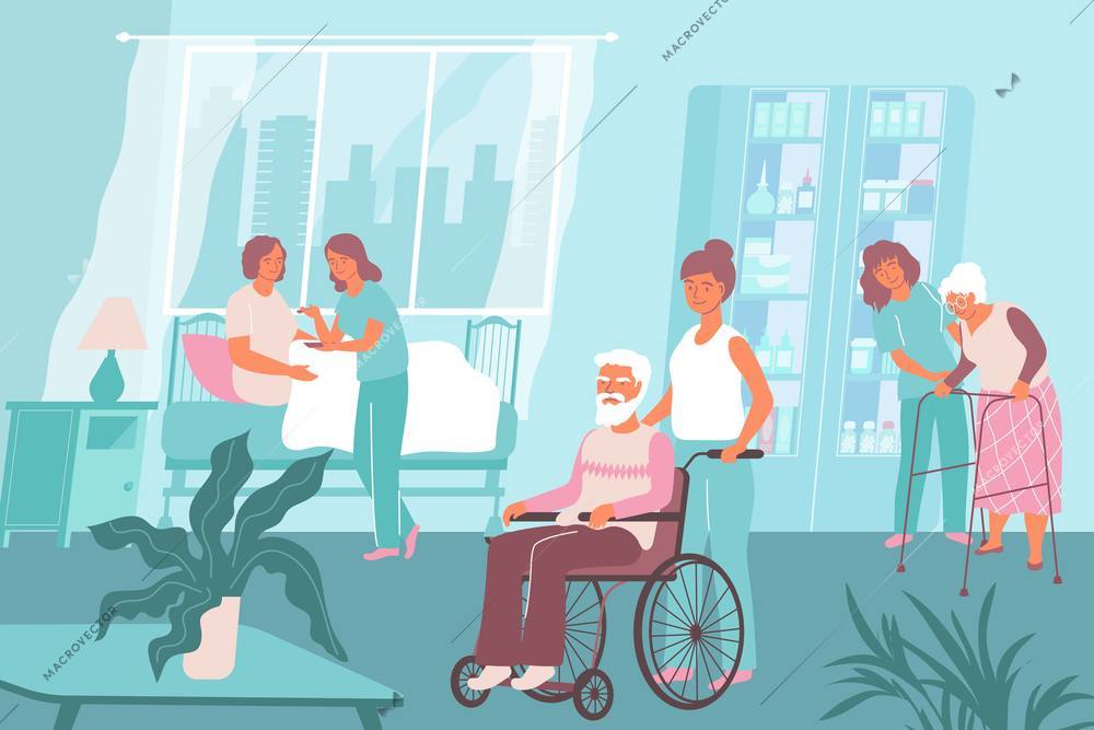 Nurse hospital composition several nurses work in a nursing home and help the elderly vector illustration