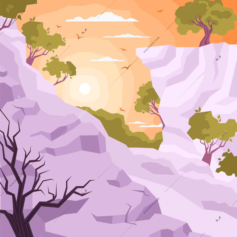 Landscape colored flat composition with sunset or sunrise in the jungle among the mountain peaks vector illustration