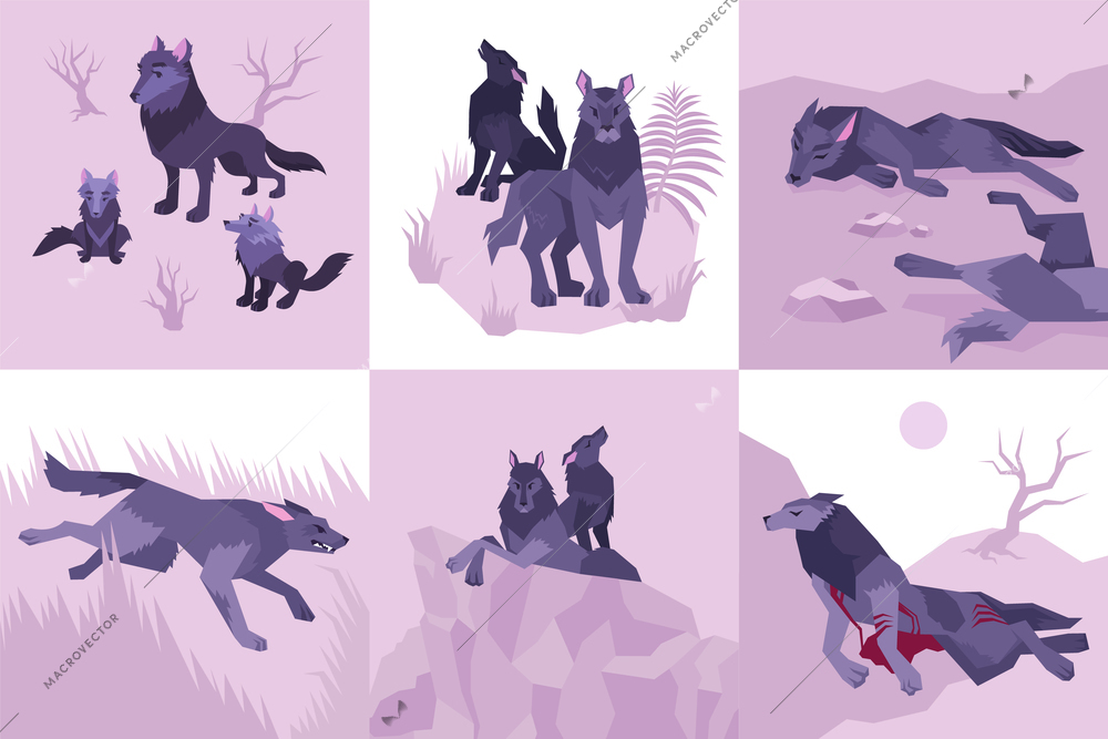 Six isolated Mowgli flat icon set with wolves howl defeated killed bleeding and running vector illustration