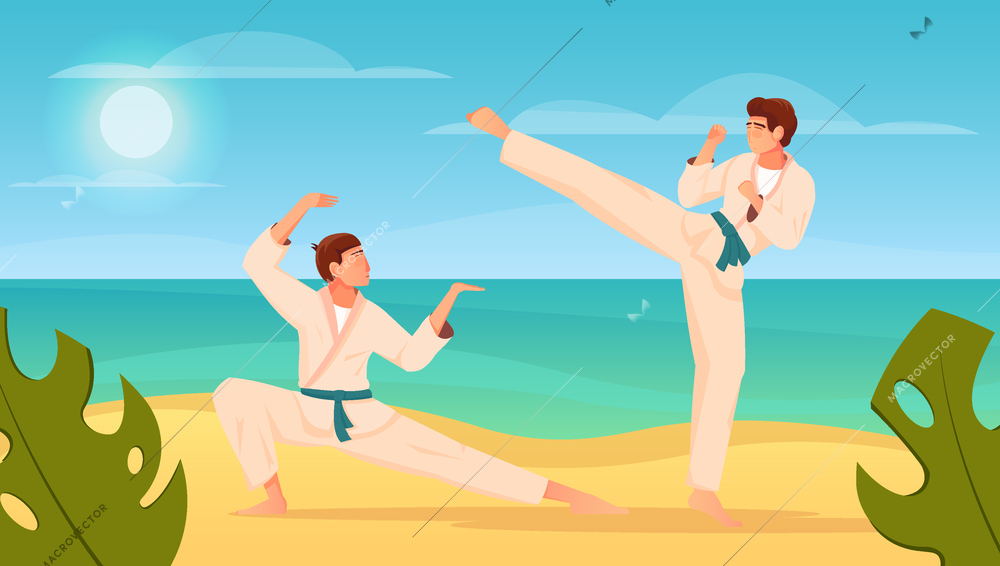 Martial arts flat composition with two fighters in kimono training karate fight outdoors vector illustration