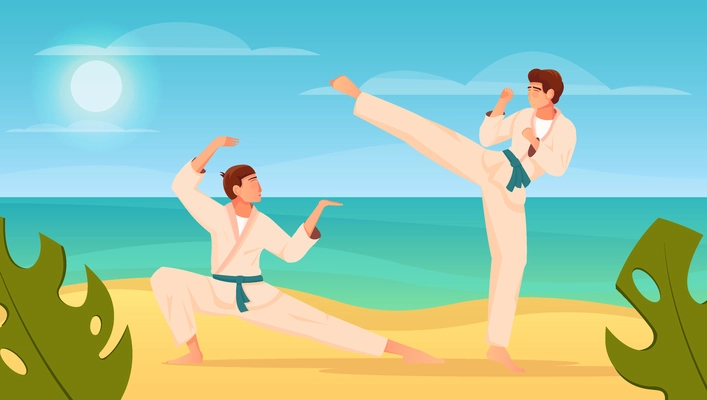 Martial arts flat composition with two fighters in kimono training karate fight outdoors vector illustration