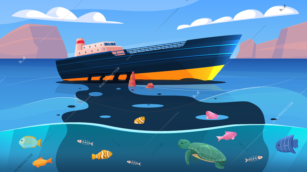 Oil spill eco accident on tanker floating in ocean flat colored composition  vector illustration