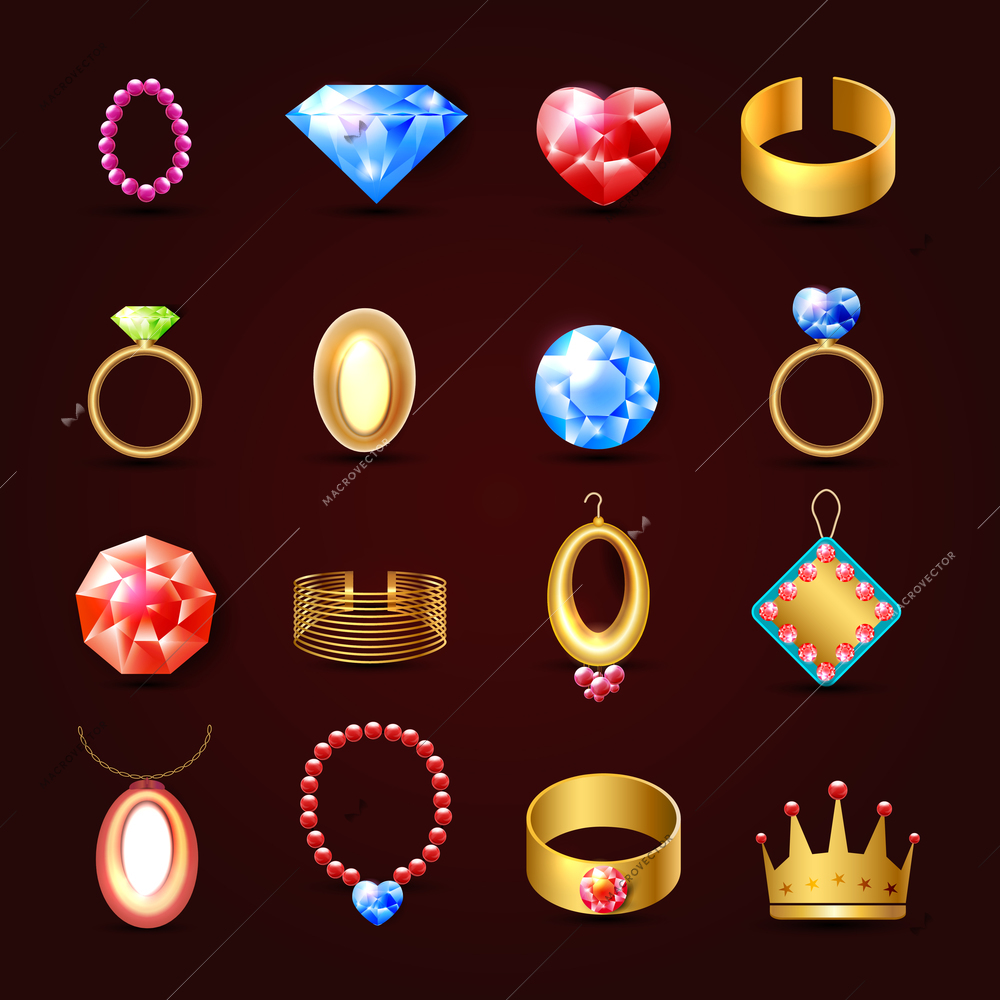 Jewelry icons set of diamond gold fashion expensive accessories isolated vector illustration