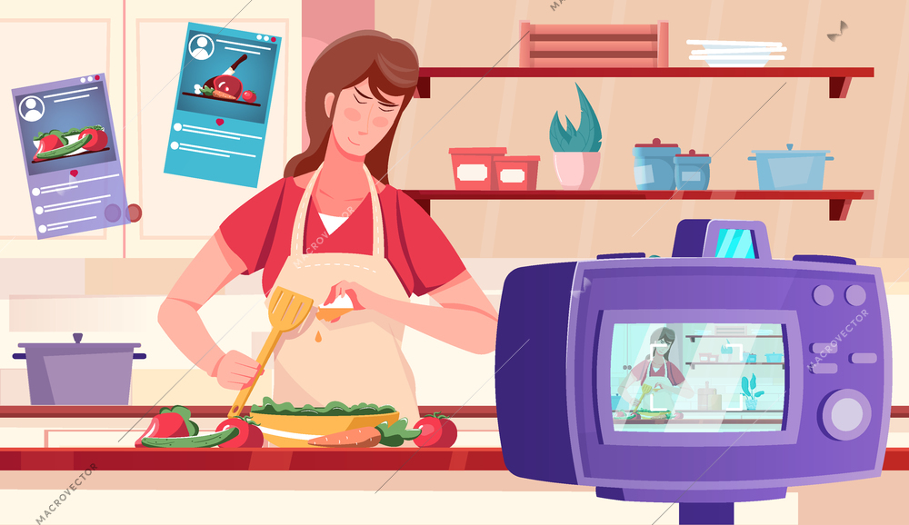 Blogger video flat background with woman filming cooking show at kitchen interior vector illustration