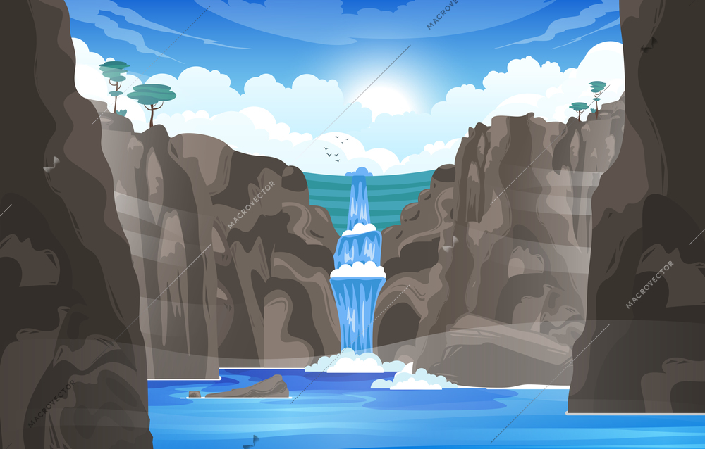 Waterfall cartoon background  with river stream flowing throw rocks to mountain lake flat vector illustration