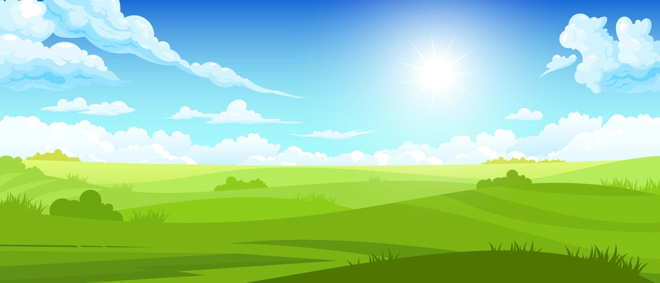 Colored summer landscape with sunlight on cloudy sky and green fields cartoon vector illustration