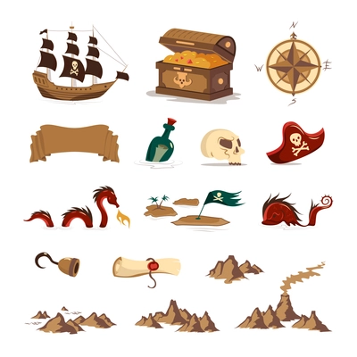 Pirate treasure set of compass hand hook wooden chest floating bottle  skull sailboat with black sail isolated vector illustration