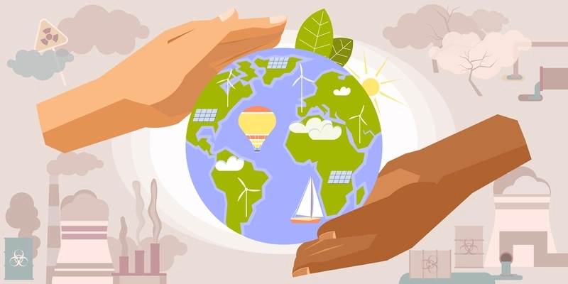 Environmental protection hand composition with two human hands of color holding earth globe with alternative energy vector illustration