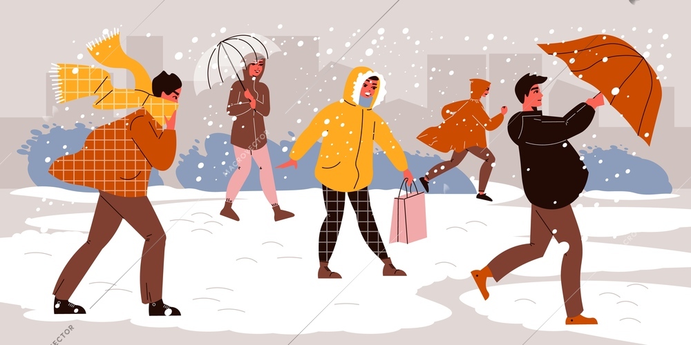 People walking with umbrella composition with outdoor scenery and falling snow people walking in warm clothes vector illustration