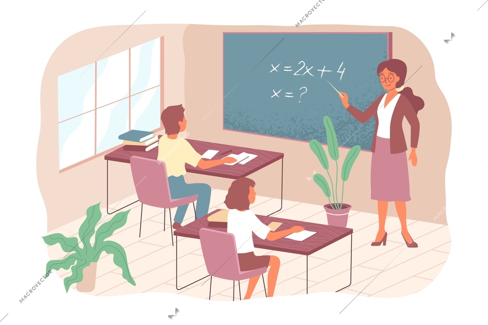 Child education flat concept with teacher at the blackboard explains to children mathematics vector illustration