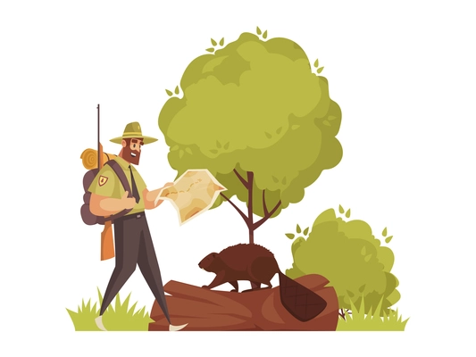 Cartoon composition with hunter and beaver on log vector illustration