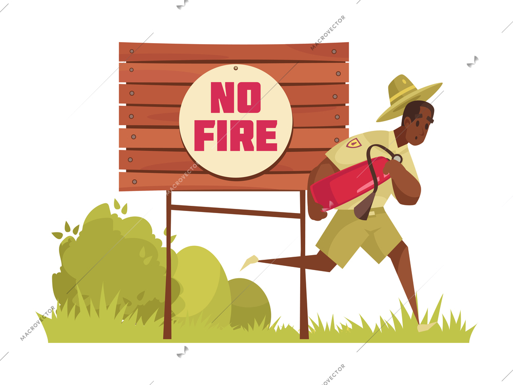 Cartoon composition with male forest ranger running to extinguish fire vector illustration