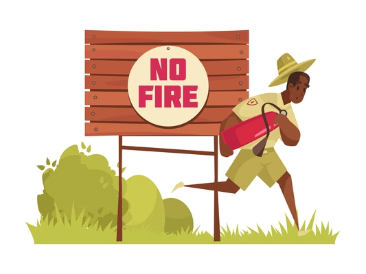 Cartoon composition with male forest ranger running to extinguish fire vector illustration