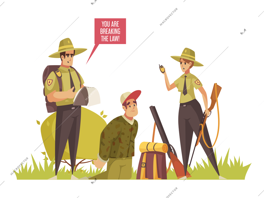 Cartoon composition with two forest rangers catching hunter vector illustration