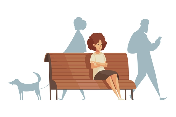 Cartoon upset woman sitting alone on bench vector illustration