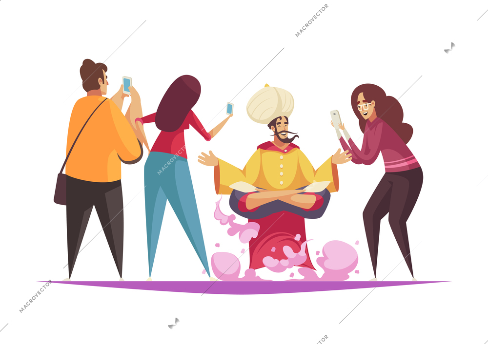 Cartoon composition with people taking photo of jinn vector illustration