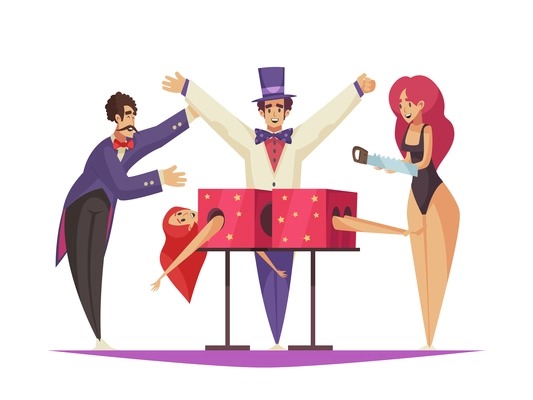 Cartoon composition with circus artist performing trick with sawing woman vector illustration