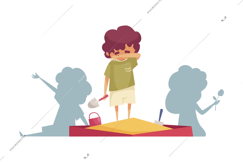 Sad boy crying in sandpit on background with silhouettes of happy children cartoon vector illustration