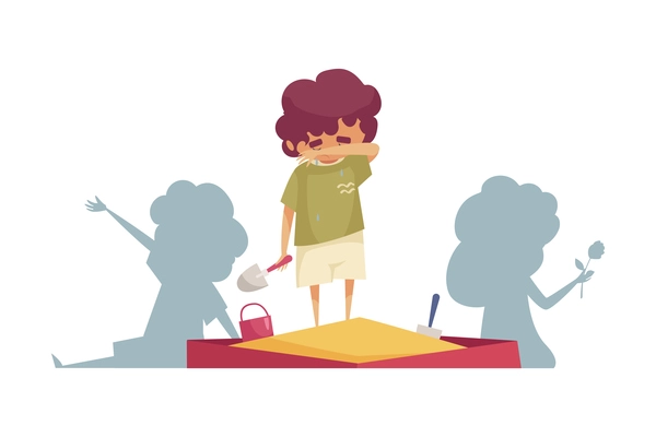 Sad boy crying in sandpit on background with silhouettes of happy children cartoon vector illustration