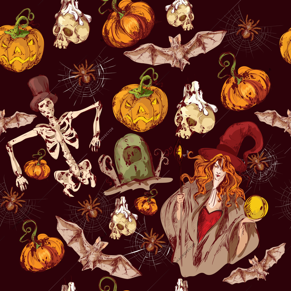 Halloween colored sketch seamless pattern with witch bat spider vector illustration