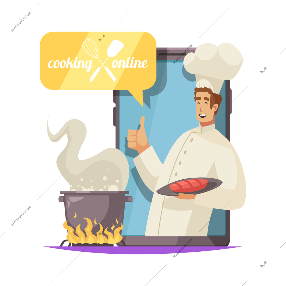 Online cooking school concept with smiling chef holding plate vector illustration