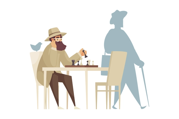 Cartoon composition with lonely man playing chess alone vector illustration