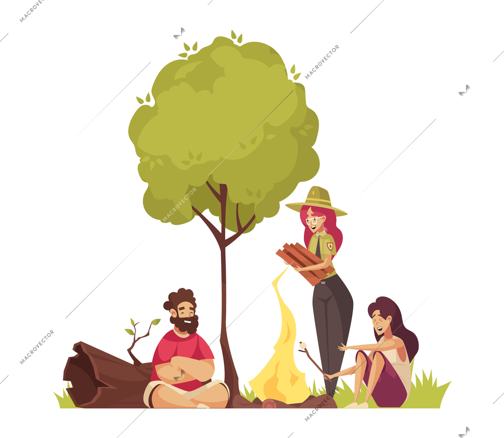 Forest ranger cartoon composition with people making fire vector illustration