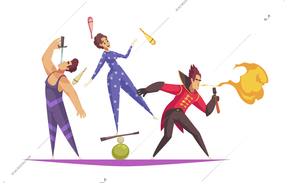 Cartoon composition with performing circus artists on white background vector illustration