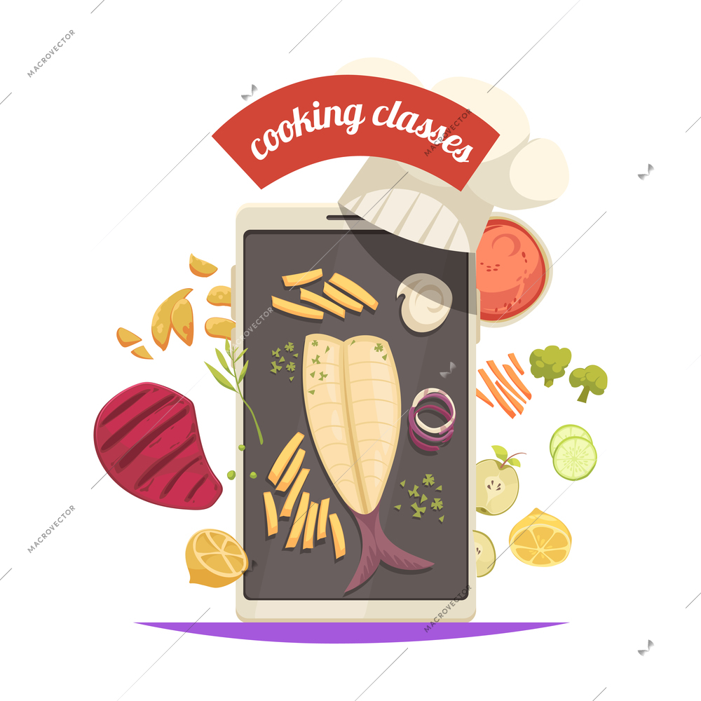 Online cooking classes flat composition with tablet and various ingredients vector illustration