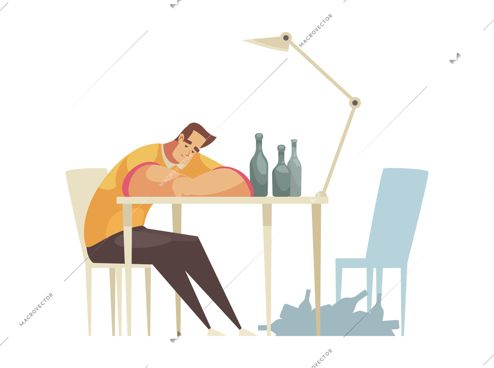 Lonely sad man drinking alcohol cartoon composition vector illustration