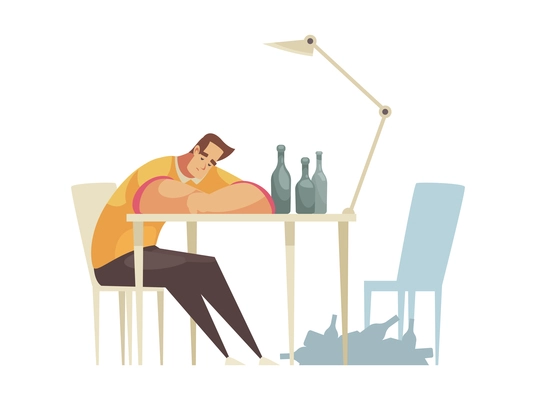 Lonely sad man drinking alcohol cartoon composition vector illustration