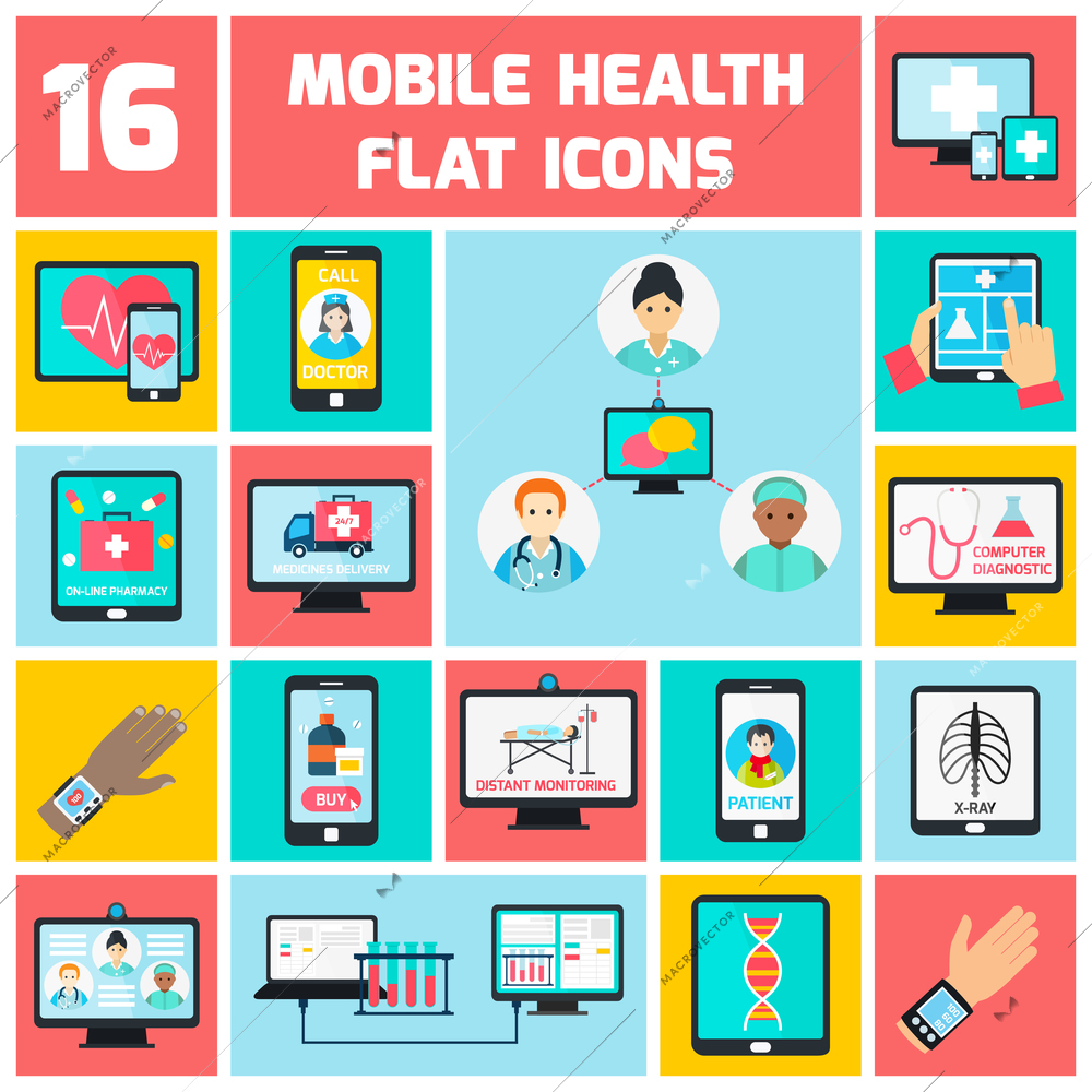 Mobile health online pharmacy computer diagnostics icons flat set isolated vector illustration