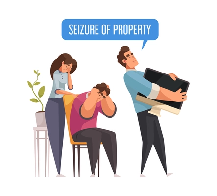 Mortgage credit cartoon icon with sad family and agent seizing their property vector illustration