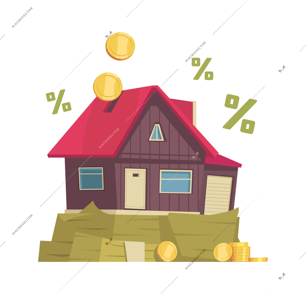 Mortgage cartoon concept with house on money pile vector illustration