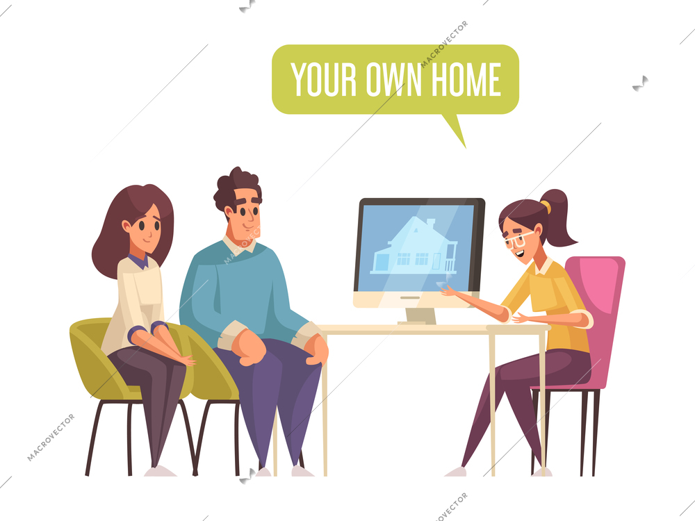 Happy people taking out mortgage cartoon vector illustration