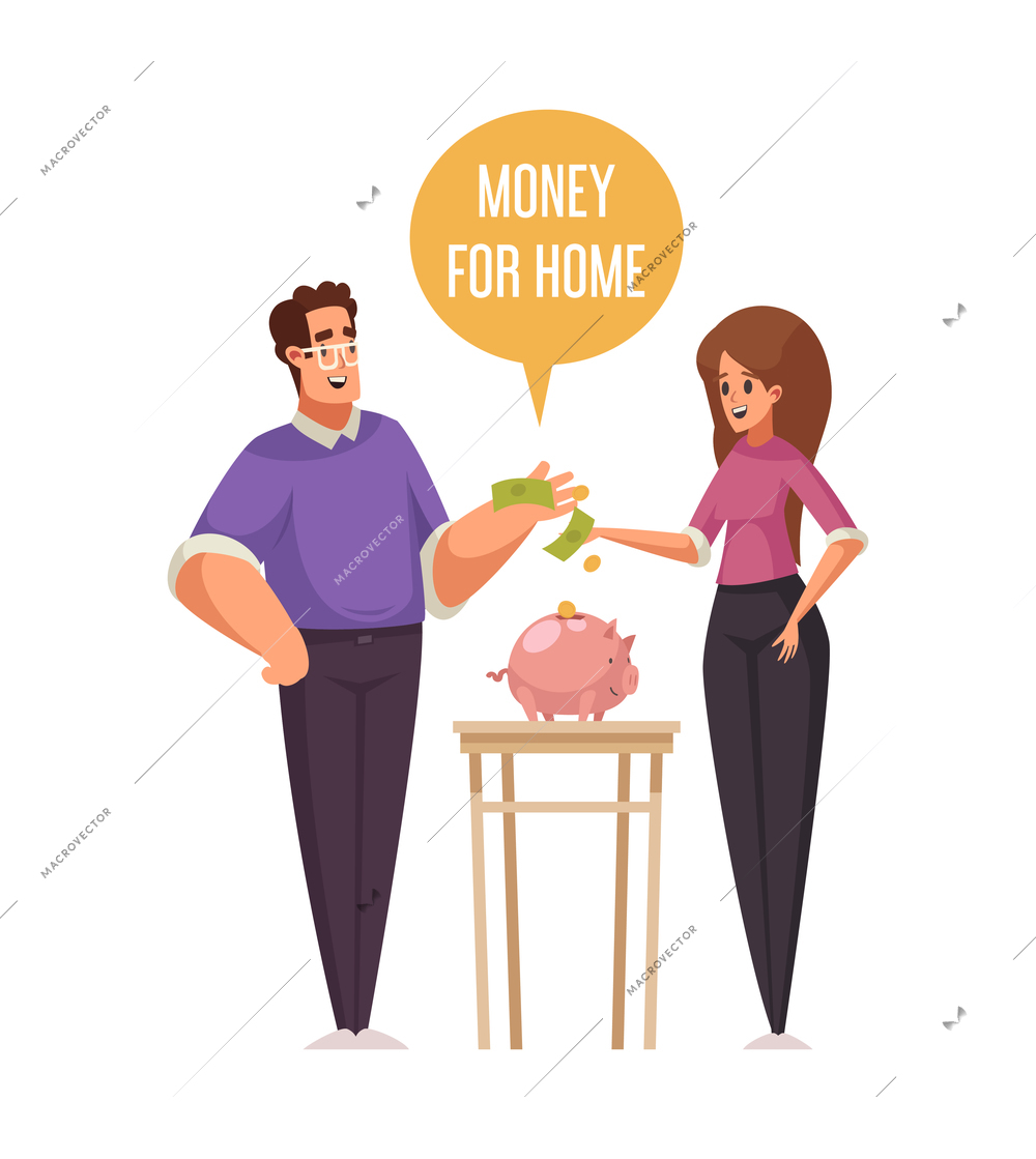 Family saving money for home cartoon vector illustration
