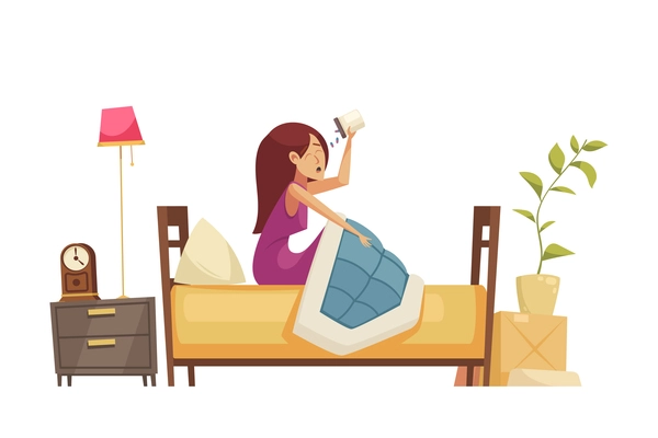 Woman taking sleeping pills in bed flat vector illustration