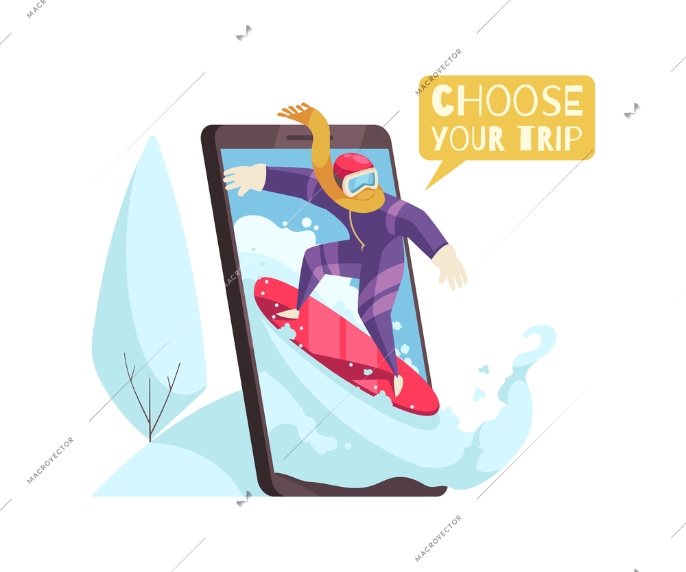 Travel booking composition with smartphone and man on snowboard vector illustration