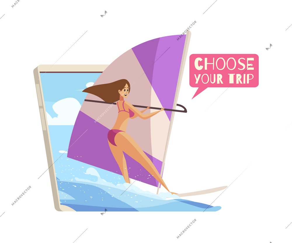 Online travel booking cartoon composition with happy surfing woman and smartphone vector illustration