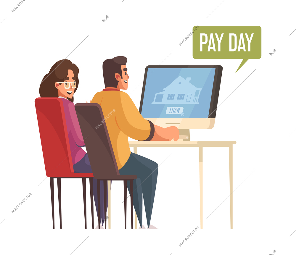 Cartoon mortgage pay day icon with people characters and computer vector illustration