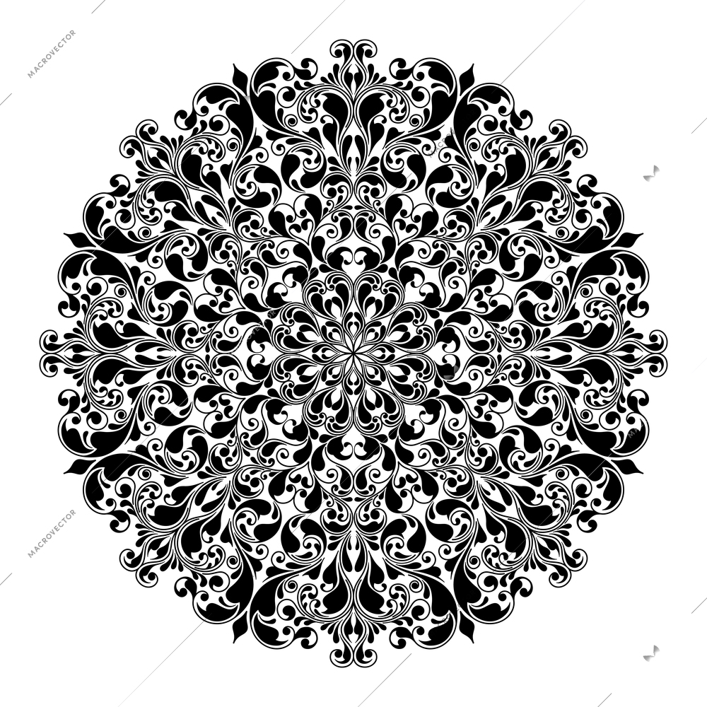 Ornamental black round floral pattern isolated vector illustration