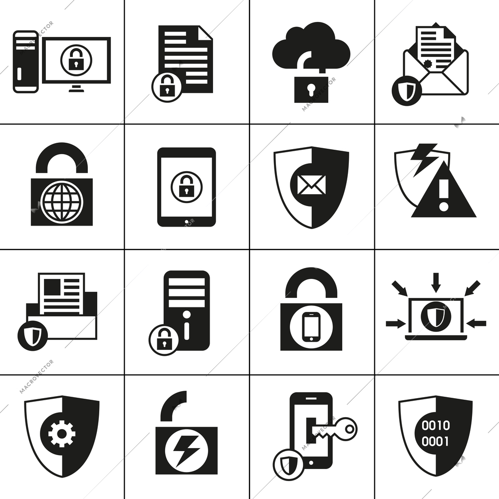 Business database protection technology and cloud network access icons set black vector illustration